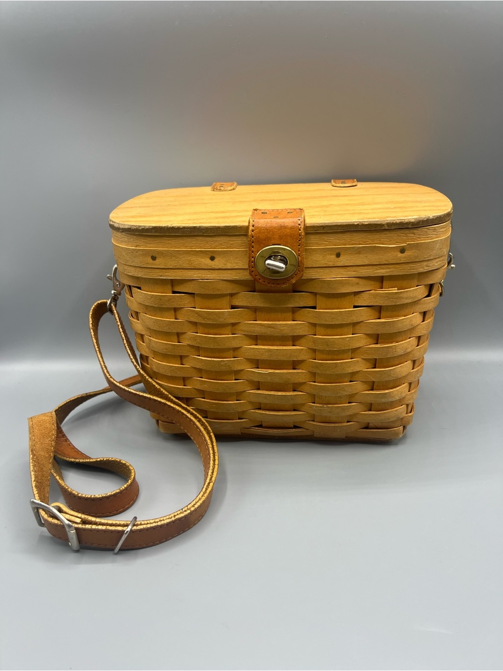 Vintage 1999 Longaberger Handwoven Wooden Basket Crossbody Bag